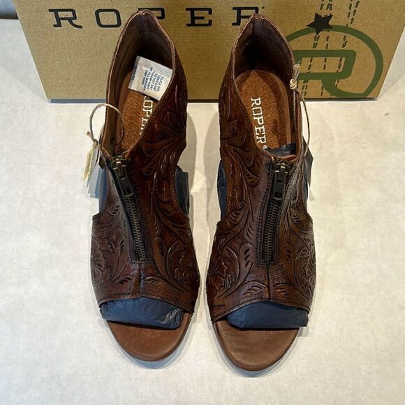 NEW Roper Mika Front Zip Sandals Sz 10 Brown Tooled Leather 3" Heel Open Toe - Picture 2 of 9